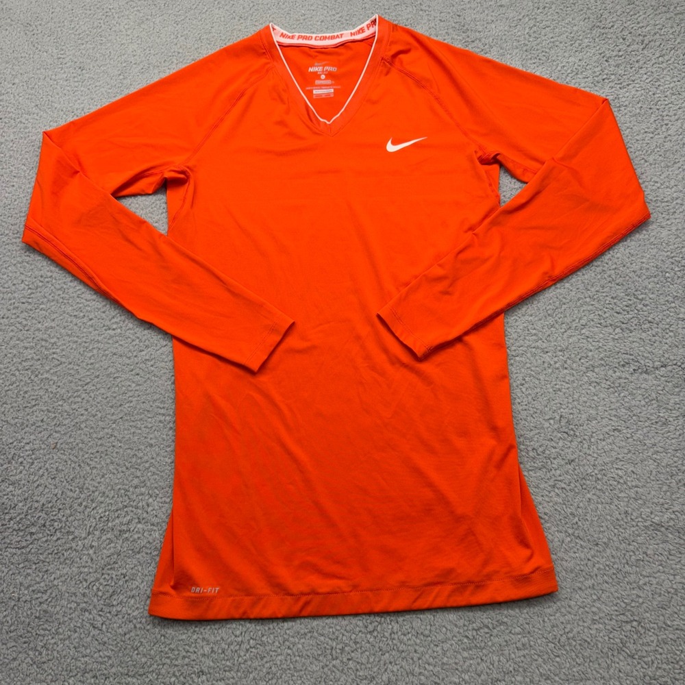 Nike 410625-810 Women Medium Orange Pro Combat Dri-FIT V-Neck Long Sleeve Shirt